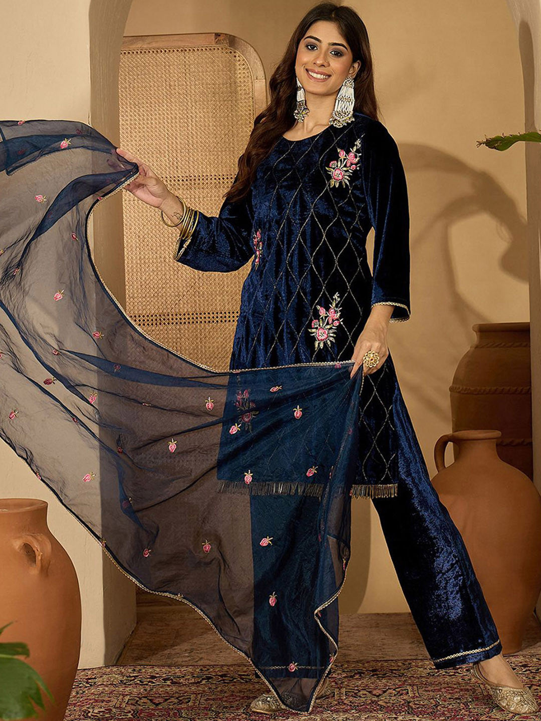 Zari Sequence Thread Embroidered Velvet Straight Kurta & Trousers With Dupatta