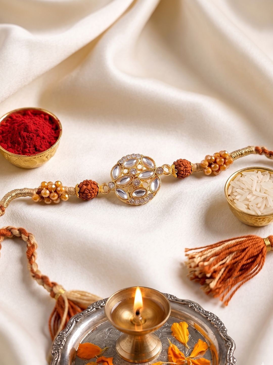 Dhiyona Rudraksh & Kundan Studded Gold Toned Thread Rakhi With Roli Chawal Chandan Mishri