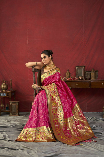 Women Paithani Bansi Pink Saree With Unstiched Blouse