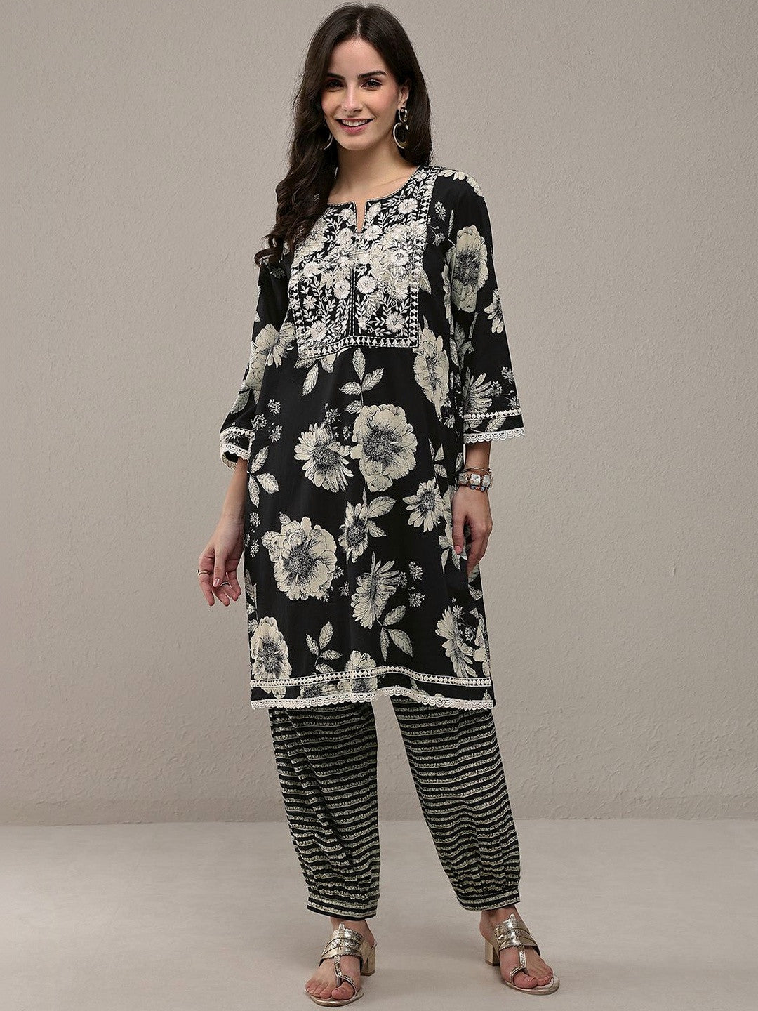 Black Floral Printed Cotton Straight Kurta Set