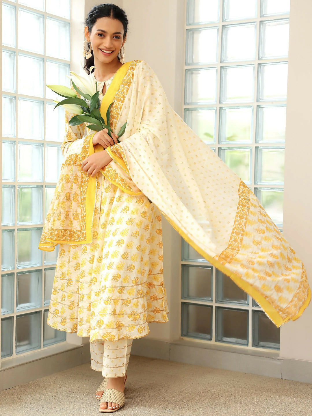 Women's LB Mustard Printed Cotton Anarkali Suit With Dupatta