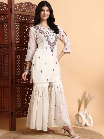 Dhiyona HOP Floral Embroidered Chikankari Chanderi Silk Kurta With Sharara & Dupatta