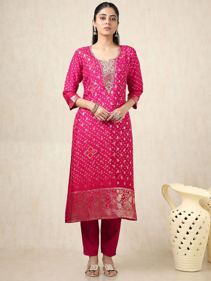 Dhiyona SO Women's Bandhani Printed Notch Neck Organza Sequinned Kurta With Trousers And Dupatta