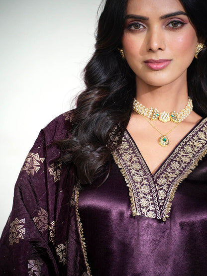 Dhiyona SN Floral Yoke Design V-Neck Sequinned Satin Kurta With Palazzos & Dupatta
