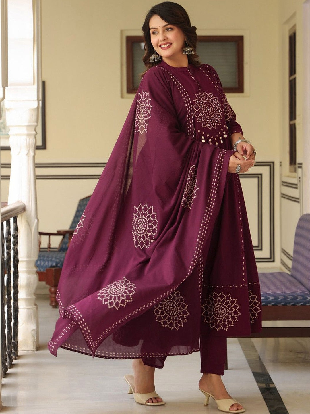 Women Ethnic Motifs Printed Empire Mirror Work Pure Cotton Kurta with Trousers & With Dupatta