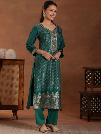 Women's LB Teal Printed Silk Blend Straight Suit With Dupatta