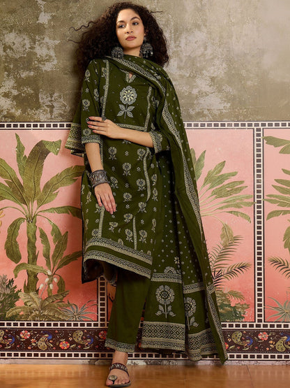 Floral Printed Cotton Round Neck Kurta & Trousers With Dupatta