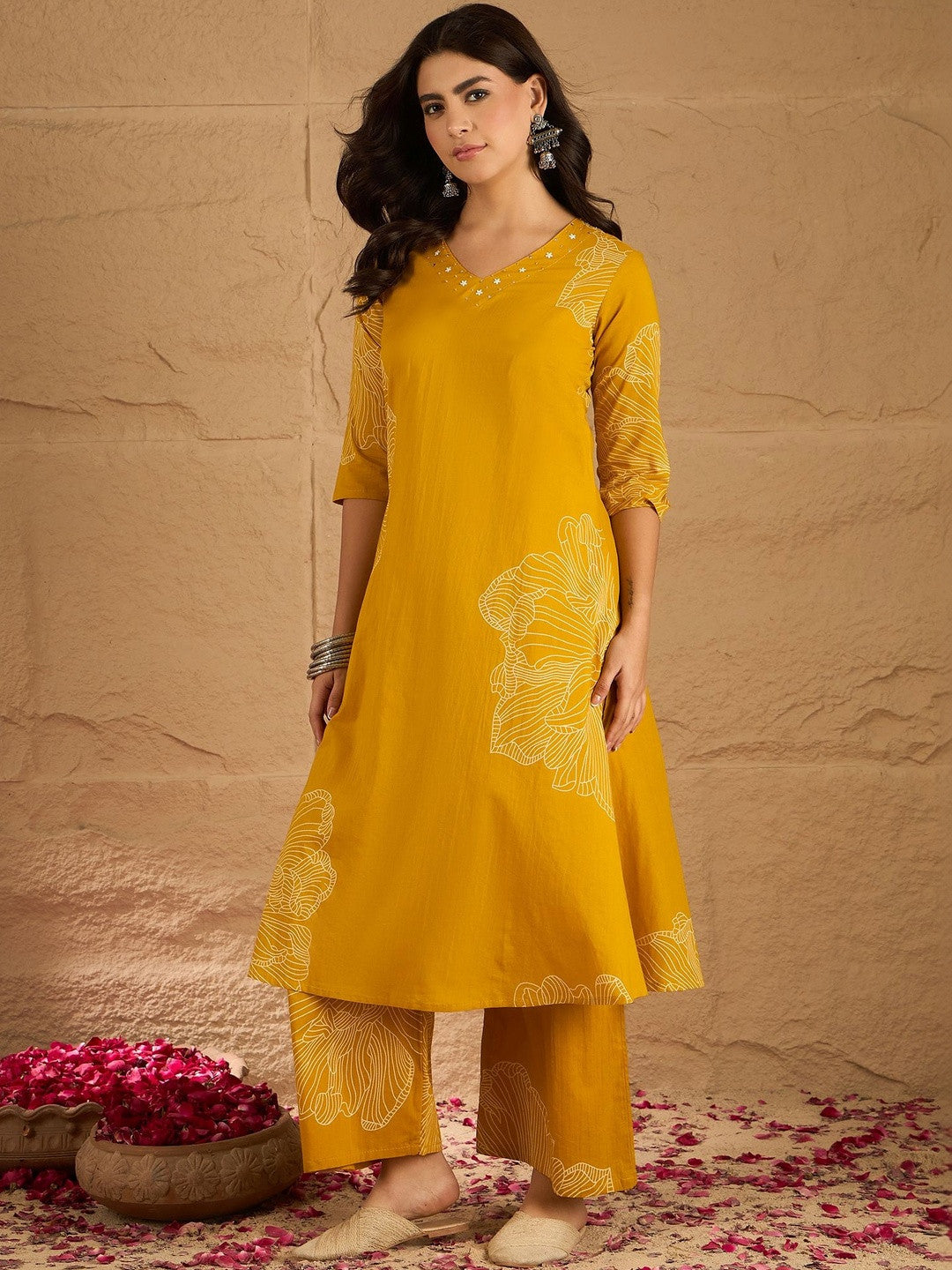 Floral Printed with Embroidered V-Neck Kurta & Trousers