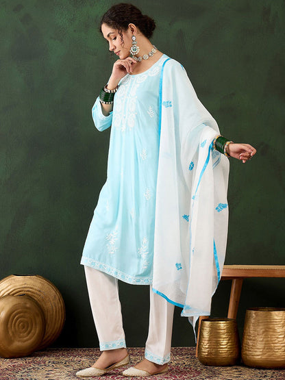 Ethnic Motifs Embroidered Thread Work Pure Cotton Kurta with Trousers & Dupatta
