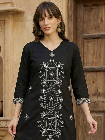 Women Embroidered Regular Black Thread Work Kurta with Trousers