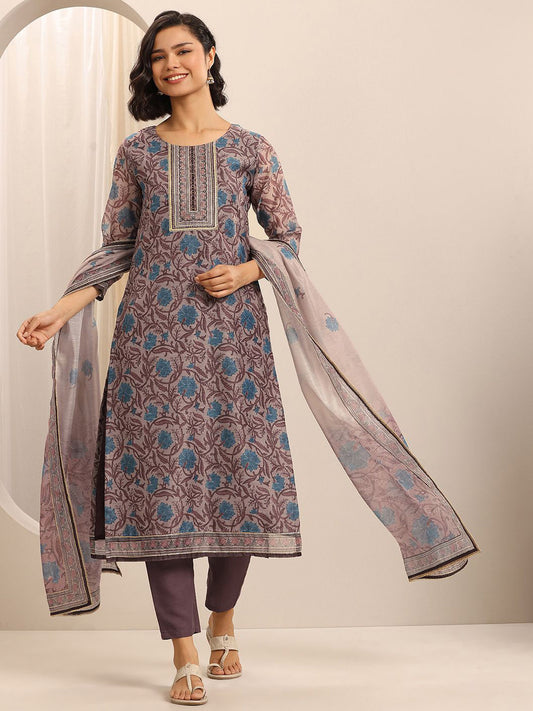 Floral Printed Round Neck Mirror Work Straight Kurta With Trousers & Dupatta