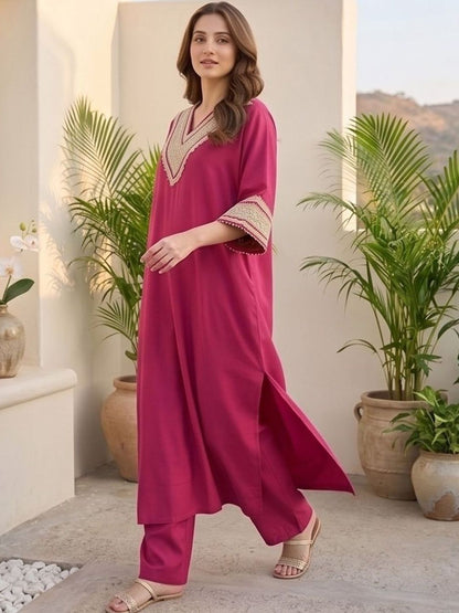 Red Women Yoke Design Regular Kurta with Trousers