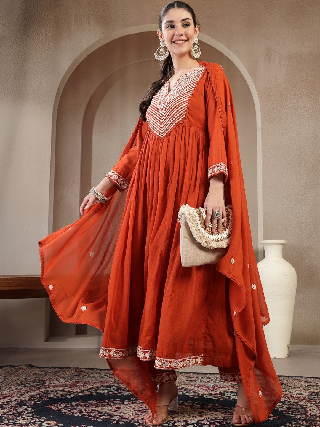 Pure Cotton Round Neck Kurta & Trousers With Dupatta