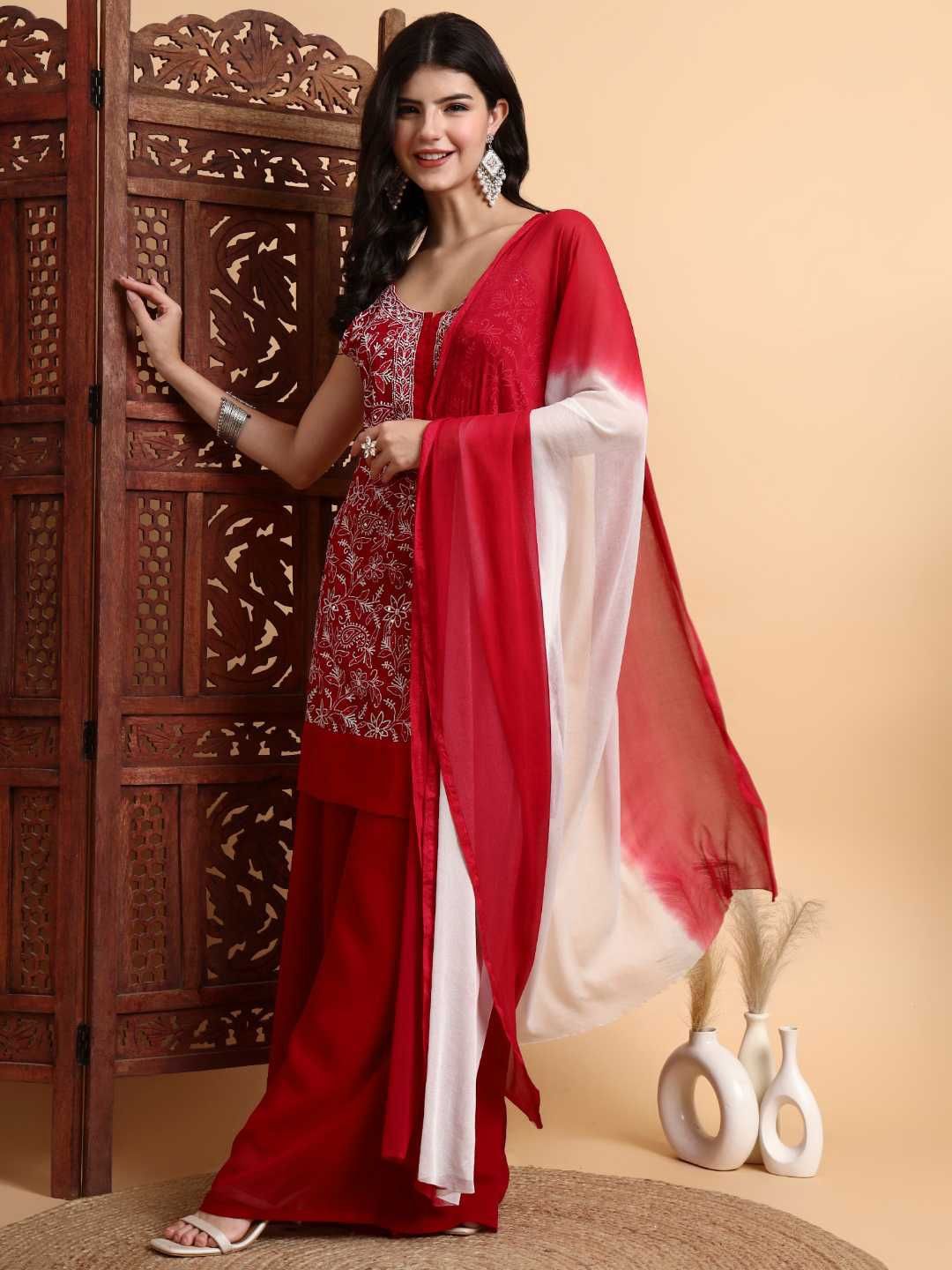 Dhiyona HOP Embroidered Chikankari Georgette Straight Kurti & Sharara With Dupatta