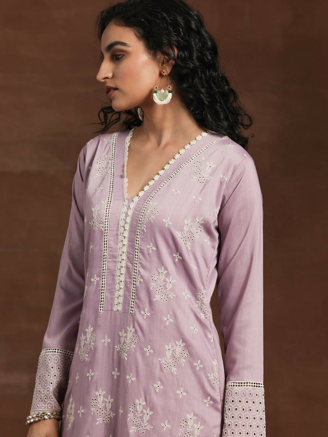 Women's LB Lilac Embroidered Silk Blend Straight Suit With Dupatta