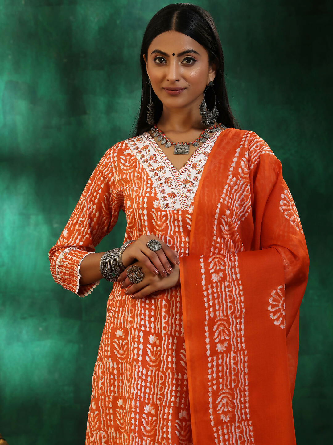 Women's LB Orange Printed Cotton Straight Suit With Dupatta