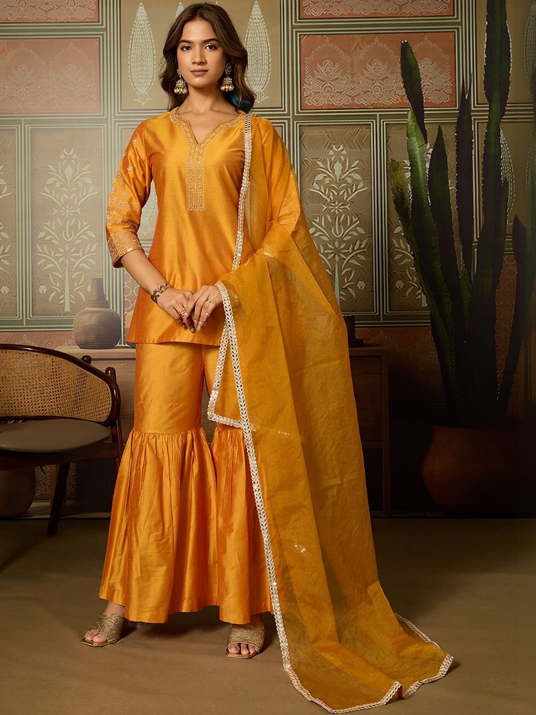 Dhiyona HOP Embroidered Straight Kurti & Sharara With Dupatta