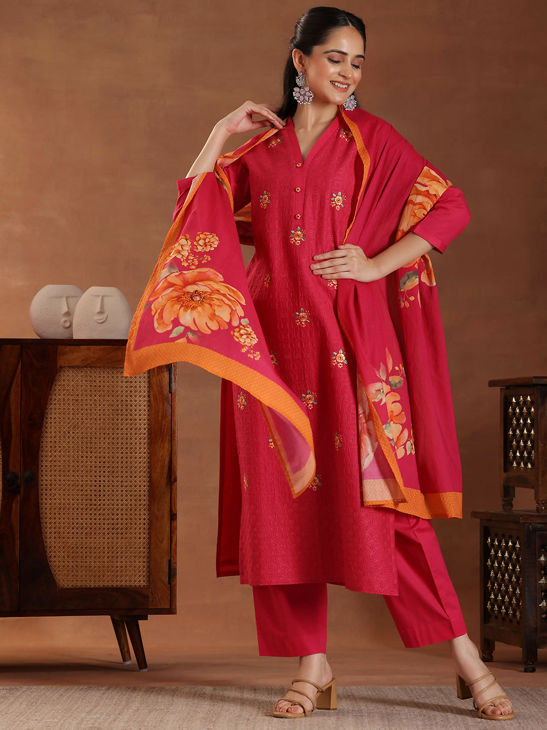 Women's LB Pink Embroidered Cotton Straight Suit With Dupatta