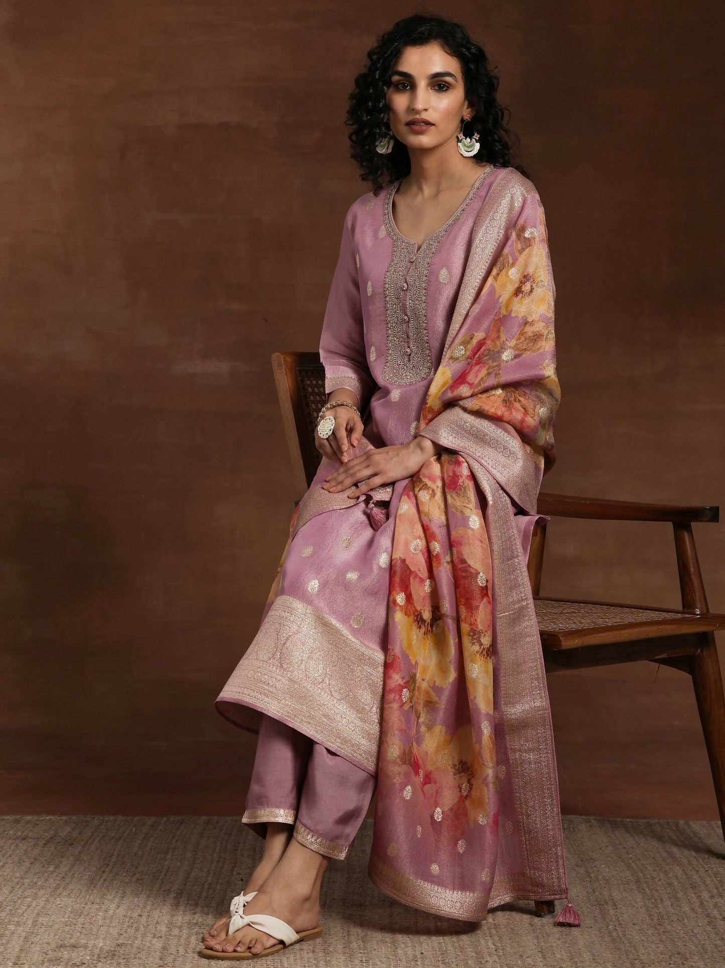 Women's LB Mauve Woven Design Silk Blend Straight Kurta With Palazzos & Dupatta