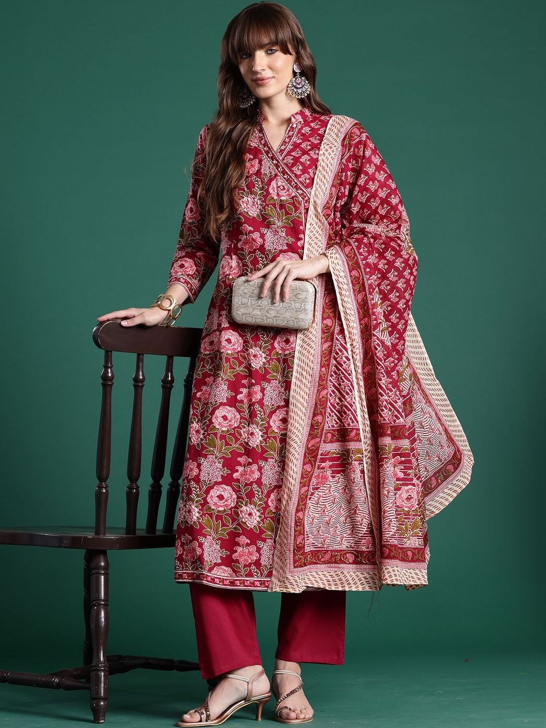 Dhiyona IE Women Floral Printed Angrakha Pure Cotton Kurta with Trousers & With Dupatta