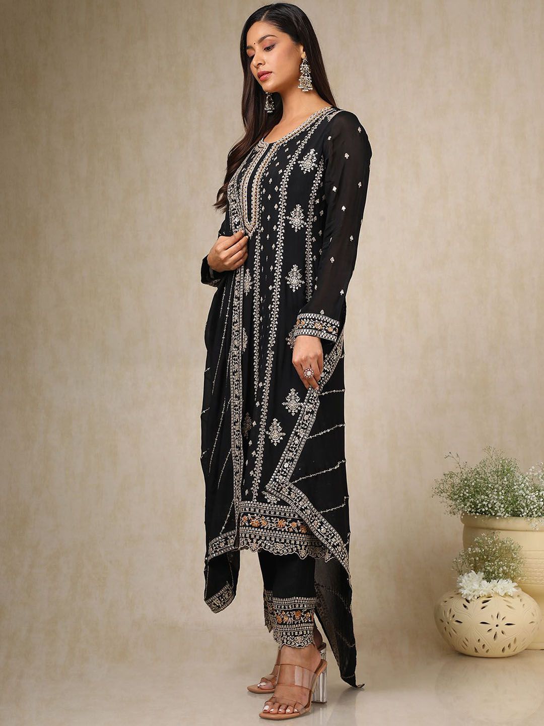 Dhiyona SO Women's Women Ethnic Motifs Embroidered Angrakha Sequinned Kurta with Trousers & With Dupatta