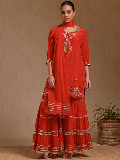 Dhiyona SO Women's Women Floral Regular Mirror Work Silk Crepe Kurta with Sharara & With Dupatta