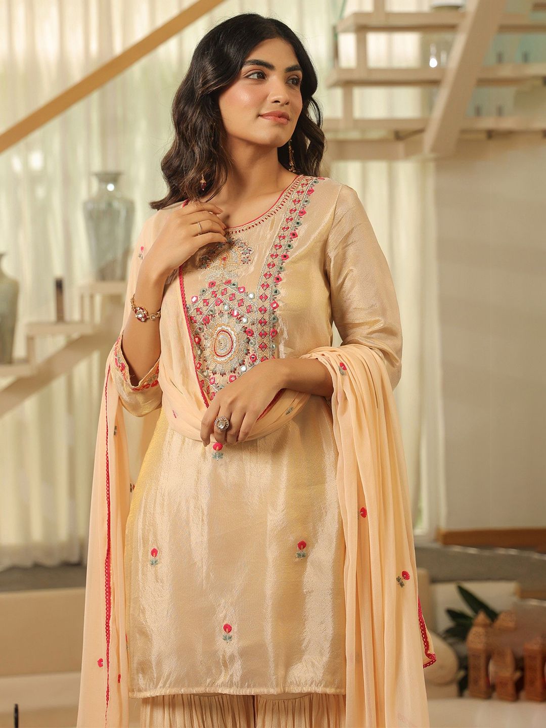 Dhiyona SC Women Ethnic Motifs Embroidered Kurta with Sharara & Dupatta
