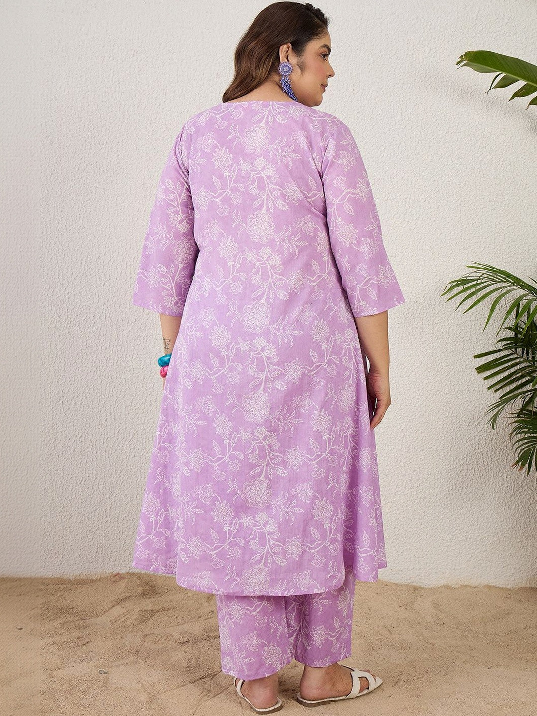 Plus Size Lavender Printed A-Line Kurta Trousers Set