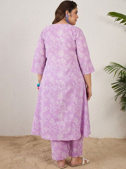 Plus Size Lavender Printed A-Line Kurta Trousers Set