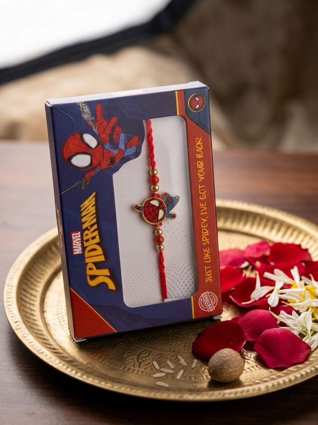 Dhiyona Kids Spider Man Character Artificial Beads Thread Rakhi With Roli Chawal Chandan