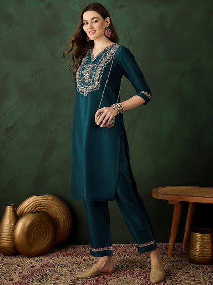 Women Embroidered Straight Kurta With Trousers