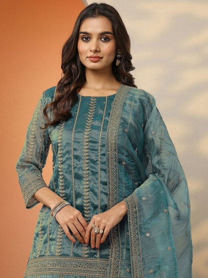 Dhiyona LL Ethnic Motifs Embroidered Thread Work Kurta with Palazzos & Dupatta