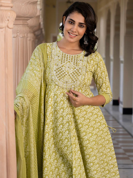 Dhiyona KL Women Ethnic Motifs Printed Regular Pure Cotton Kurta with Trousers & With Dupatta