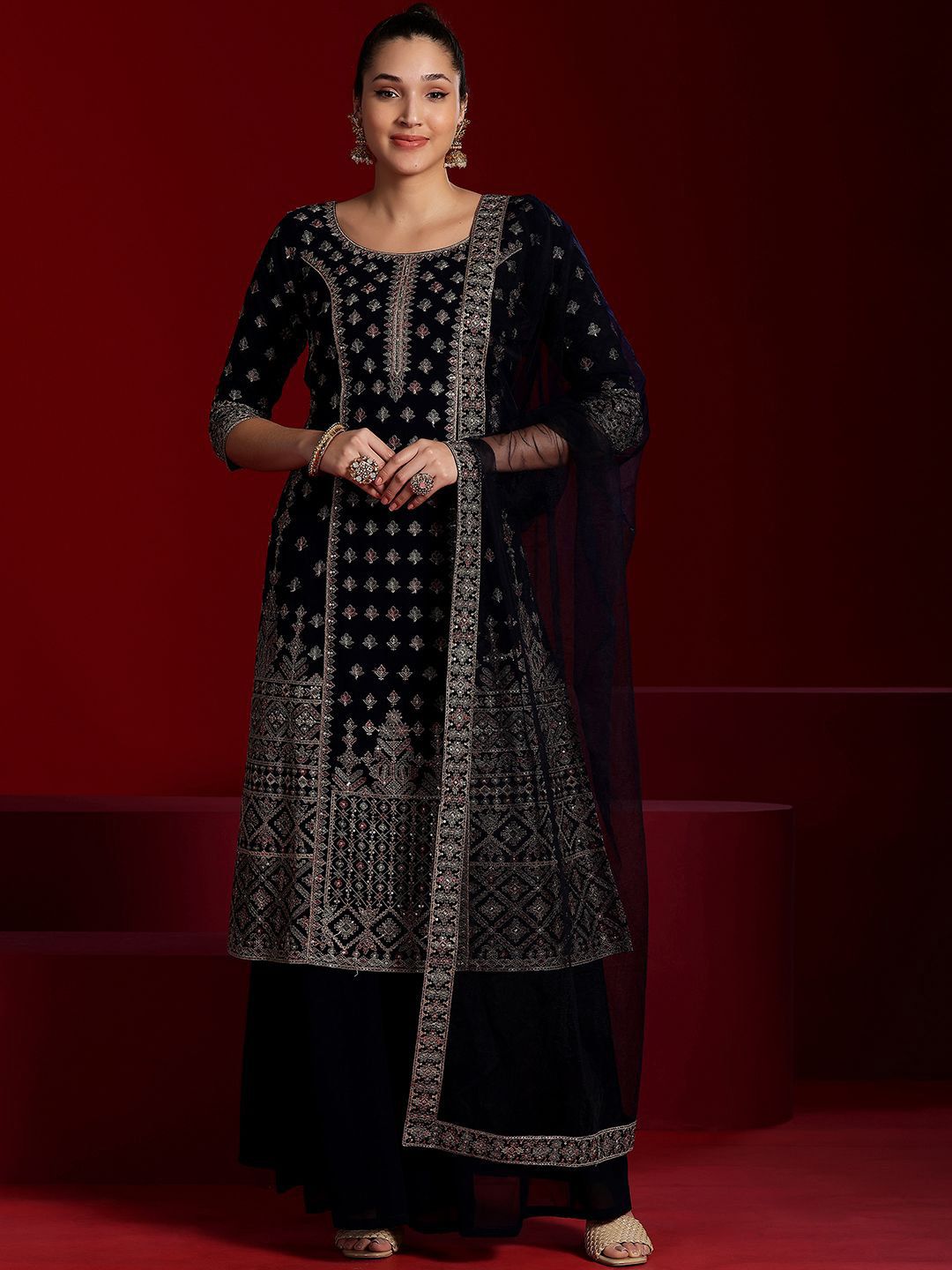 Dhiyona LL Floral Embroidered Georgette Panelled Straight Kurta with Palazzo & Dupatta
