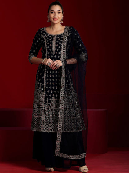 Dhiyona LL Floral Embroidered Georgette Panelled Straight Kurta with Palazzo & Dupatta