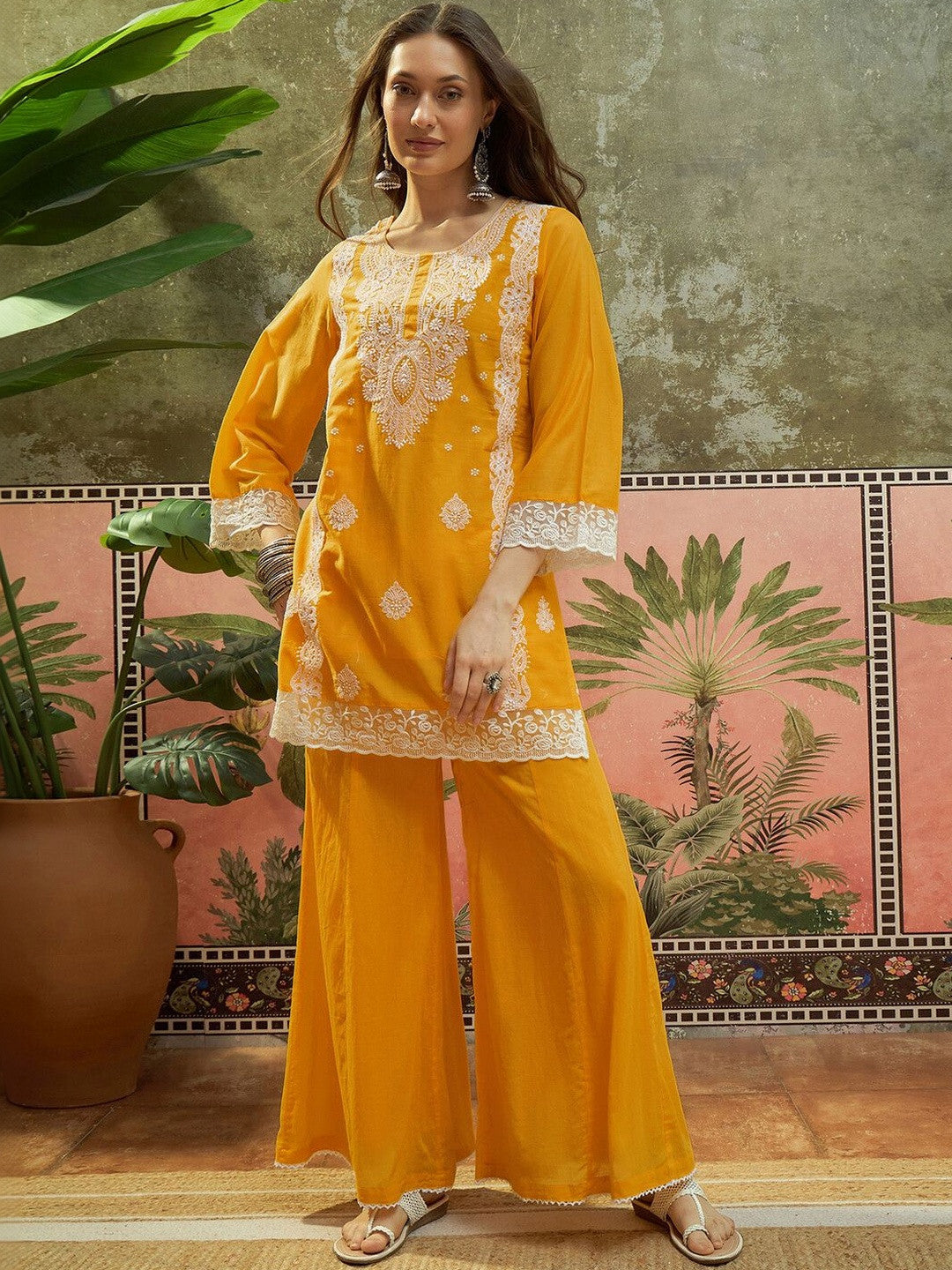 Embroidered Round Neck Kurta & Palazzos With Dupatta