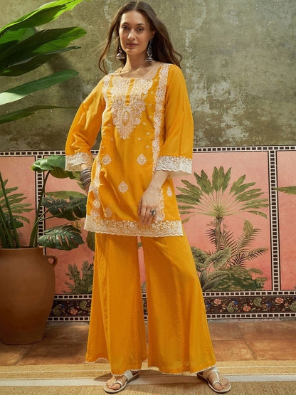Embroidered Round Neck Kurta & Palazzos With Dupatta