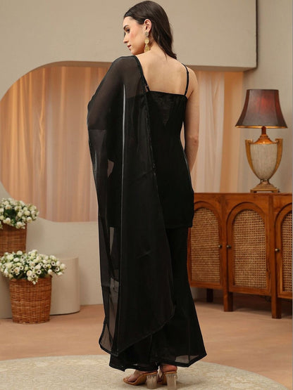 Libas Black Solid Tissue Palazzo Suit Set