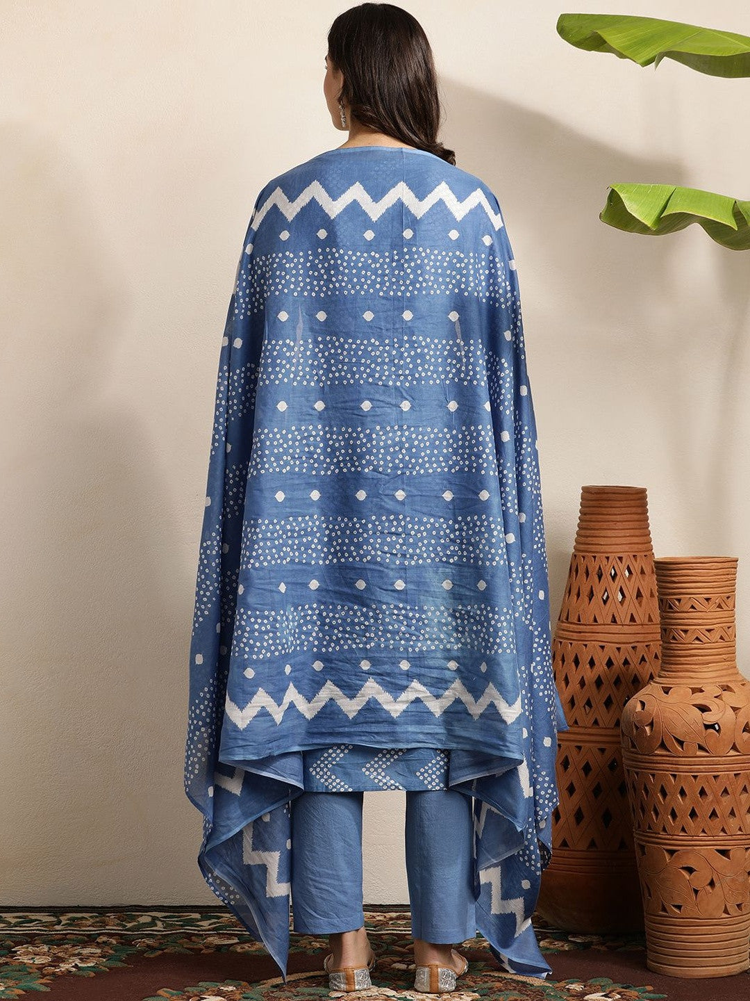 Bandhani Printed Beads And Stones Pure Cotton Kurta With Trousers & Dupatta