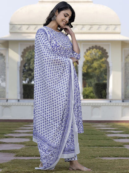 Dhiyona KL Floral Printed Gotta Patti Pure Cotton Anarkali Kurta With Trouser & Dupatta