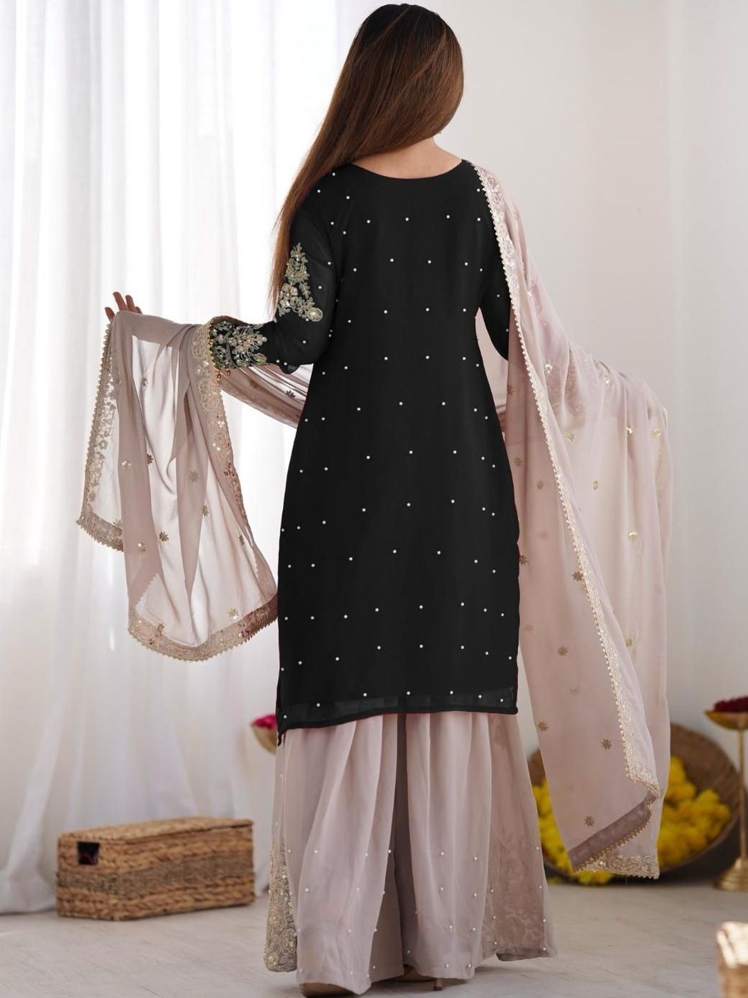 Dhiyona KL Women Ethnic Motifs Embroidered Regular Sequinned Kurta with Sharara & With Dupatta