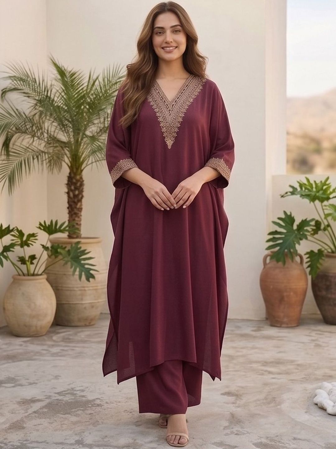 Maroon Women Ethnic Motifs Embroidered Regular Thread Work Kurta with Trousers