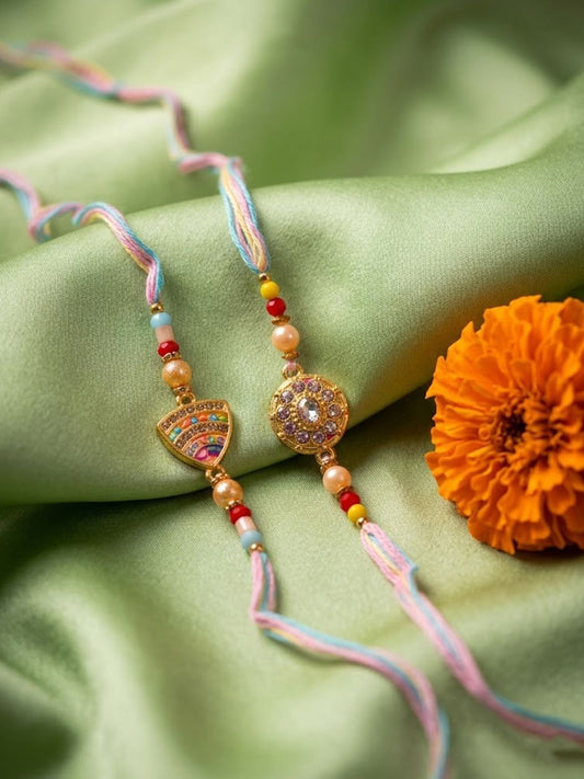Anouk Set Of 2 Gold Toned Artificial Stones & Beads Thread Rakhi With Roli Chawal Chandan
