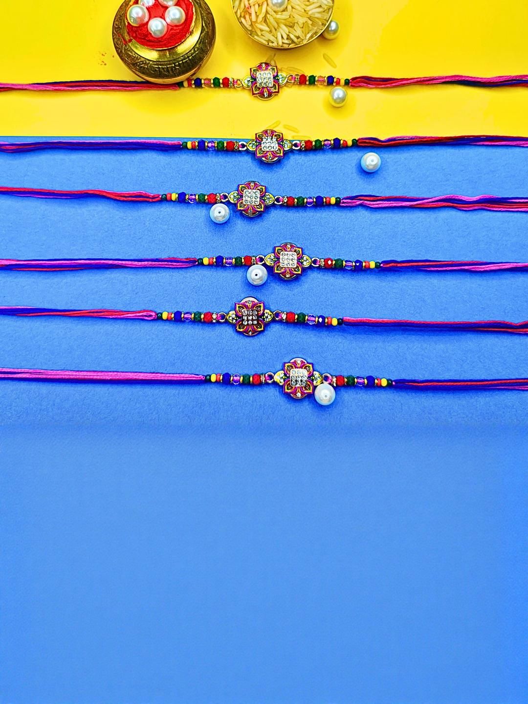Dhiyona Set Of 6 Beaded Cotton Thread with AD Stones & Meenakari Designer Rakhi for Brother