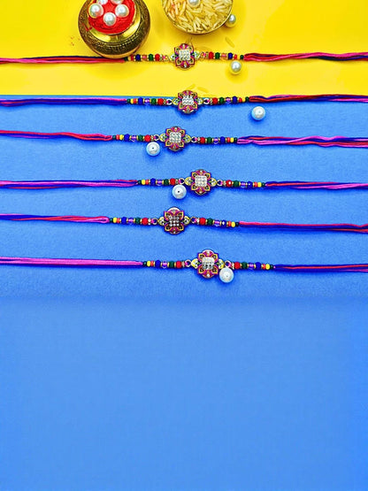 Dhiyona Set Of 6 Beaded Cotton Thread with AD Stones & Meenakari Designer Rakhi for Brother