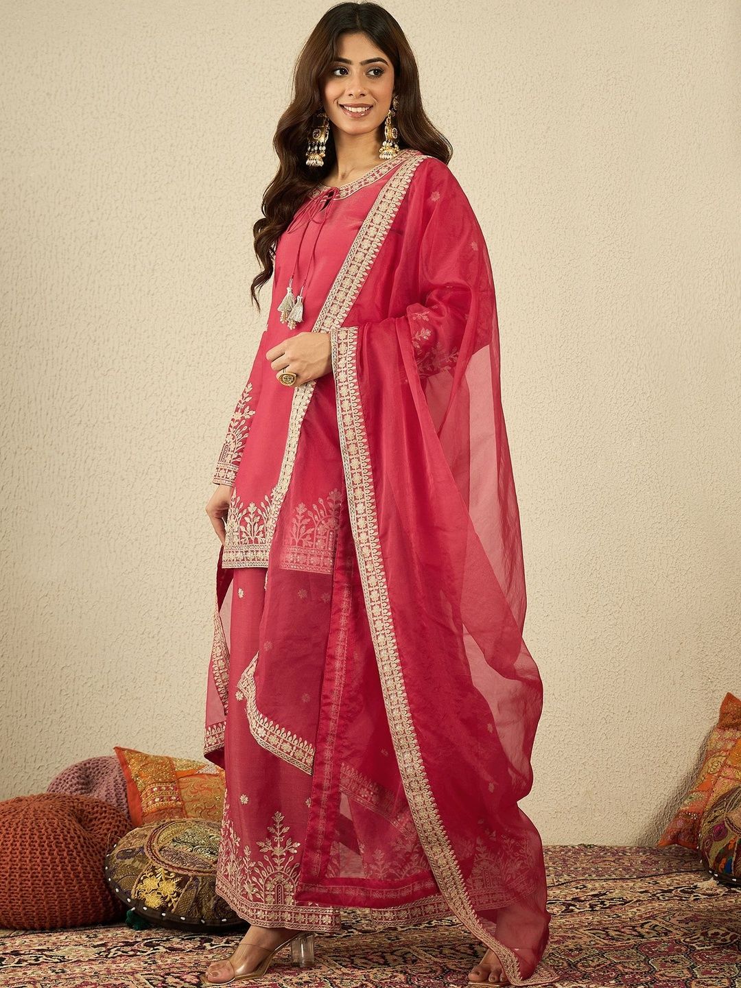 Dhiyona IN Women Floral Zari and Sequinned Embroidered Kurta Set with Dupatta