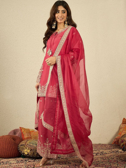 Dhiyona IN Women Floral Zari and Sequinned Embroidered Kurta Set with Dupatta
