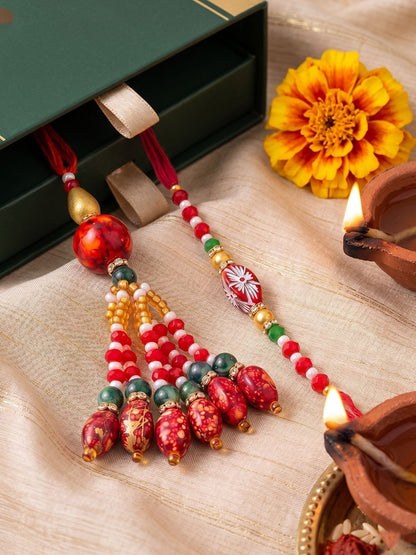 Dhiyona Set Of 2 Designer Red Artificial Beads Bhaiya Bhabhi Rakhi With Roli Chawal Chandan