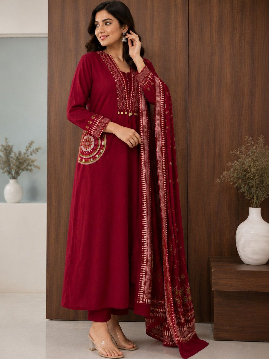 Dhiyona SN Women Ethnic Motifs Embroidered Regular Thread Work Pure Cotton Kurta with Trousers & With Dupatta
