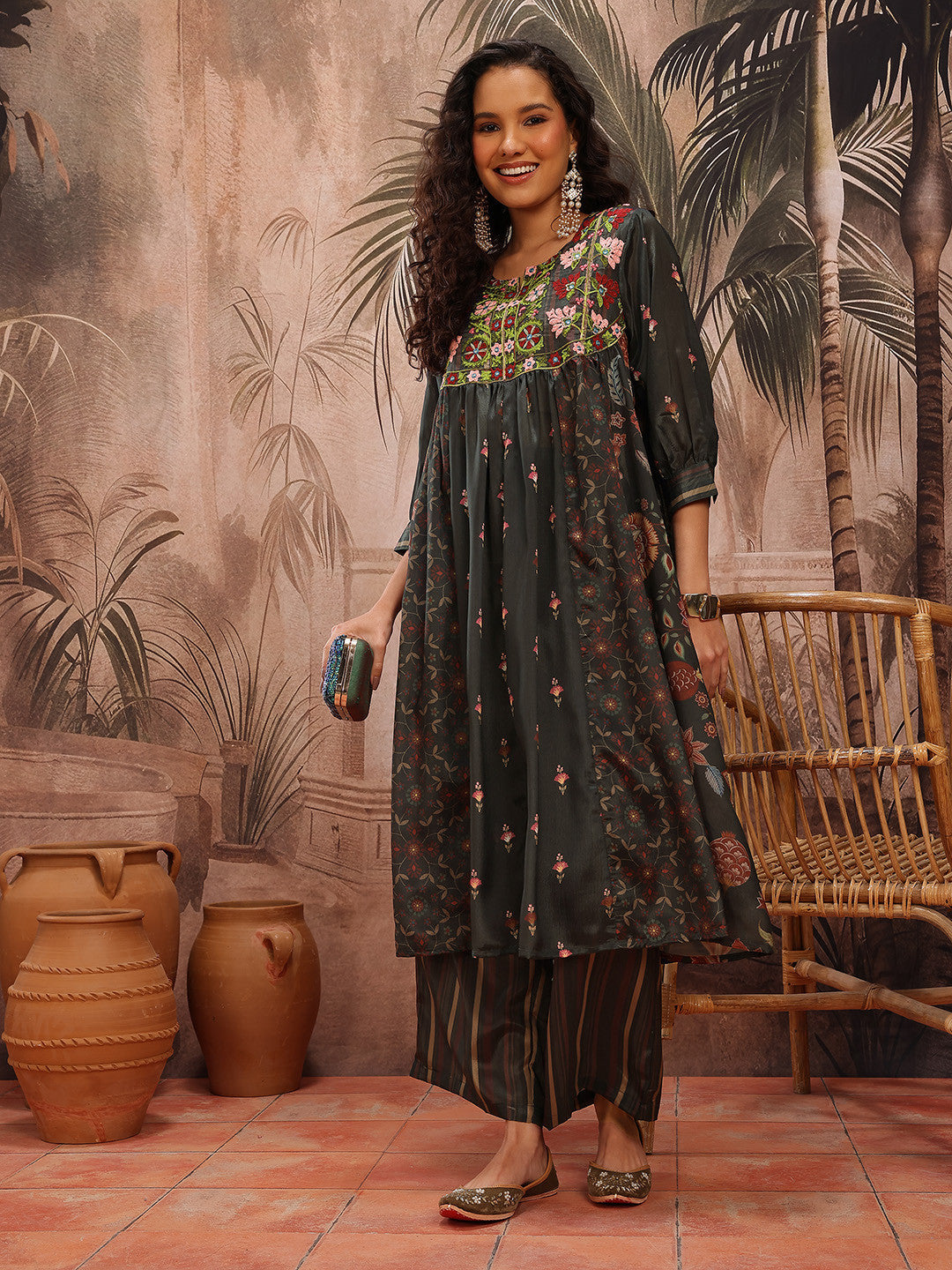 Ethnic Motifs Printed Thread Work Empire A-Line Kurta with Palazzos